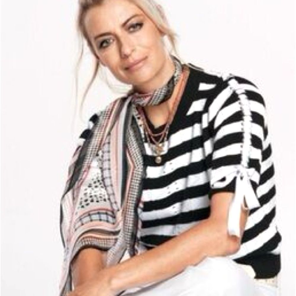 Cabi Striped Knit Pullover Sweater Nautical Runway 5832 Black White Lace Up S M